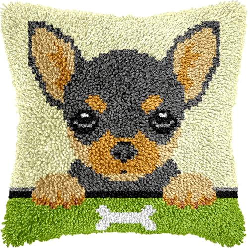 Image of veirousa Chihuahua Puppy Latch Hook Kits for Adults Kids, Beginners DIY Throw Pillow Kit Pre-Printed Mesh Canvas Hook and Latch Rug Kits Cross-Stitch Cushion Cover for Home Sofa Decoration 17x17 in.