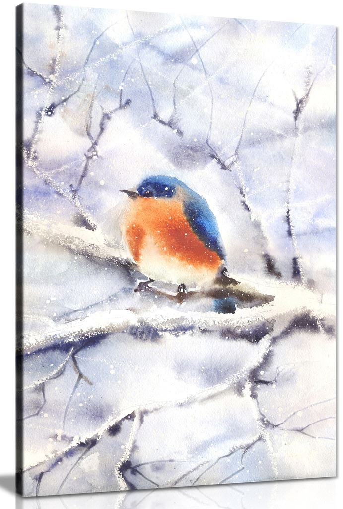 Panther Print Blue Winter Robin In The Snow Canvas Wall Art Picture Print (24X16in)