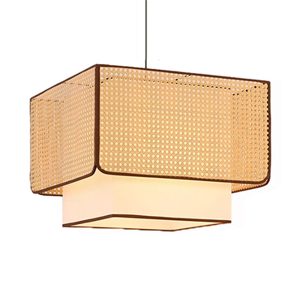 CSSYKV Brown Pendant Light Large Bamboo Linen Lampshade Double-Layer Drum Shade Rattan Basket Ceiling Handwoven Pendant Lamp for Dining Room Living Room Hallway Staircase Coffee (E26 Bulb)