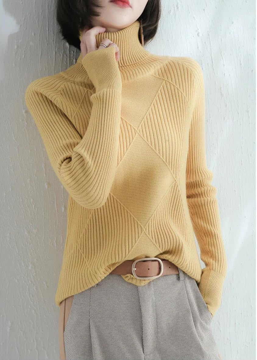 Maglione da donna a collo alto lavorato a maglia, tinta unita, casual, a maniche lunghe
