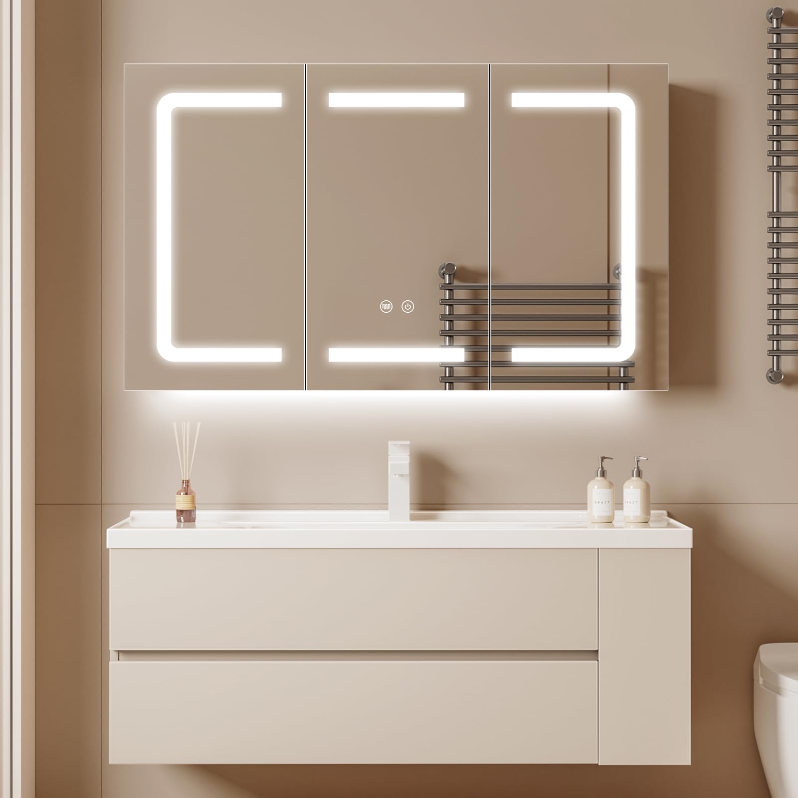 Armoire Miroir de Salle de Bain à LED avec éclairage LED et Prise, 100x60 cm, Murale Meuble Miroir Salle de Bain, Etagere Réglable, Anti-buée, 3 Couleur, Dimmable