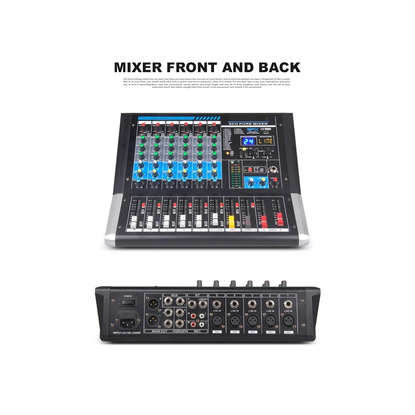 Mezclador de audio, Mezclador de 6 canales, controlador DJ, placa sonido con 24 efectos DSP USB for estudio grabación
