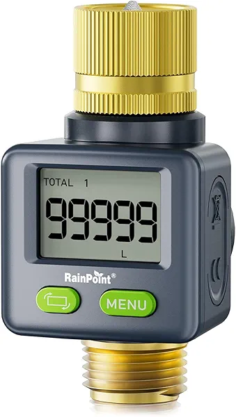 RAINPOINT Water Flow Meter with Brass Inlet & Outlet, 180° Screen-Flip Water Meter, Measure Gallon/Liter Consumption for RV Filling, Garden Watering, Sprinkler and Hoze Nozzle