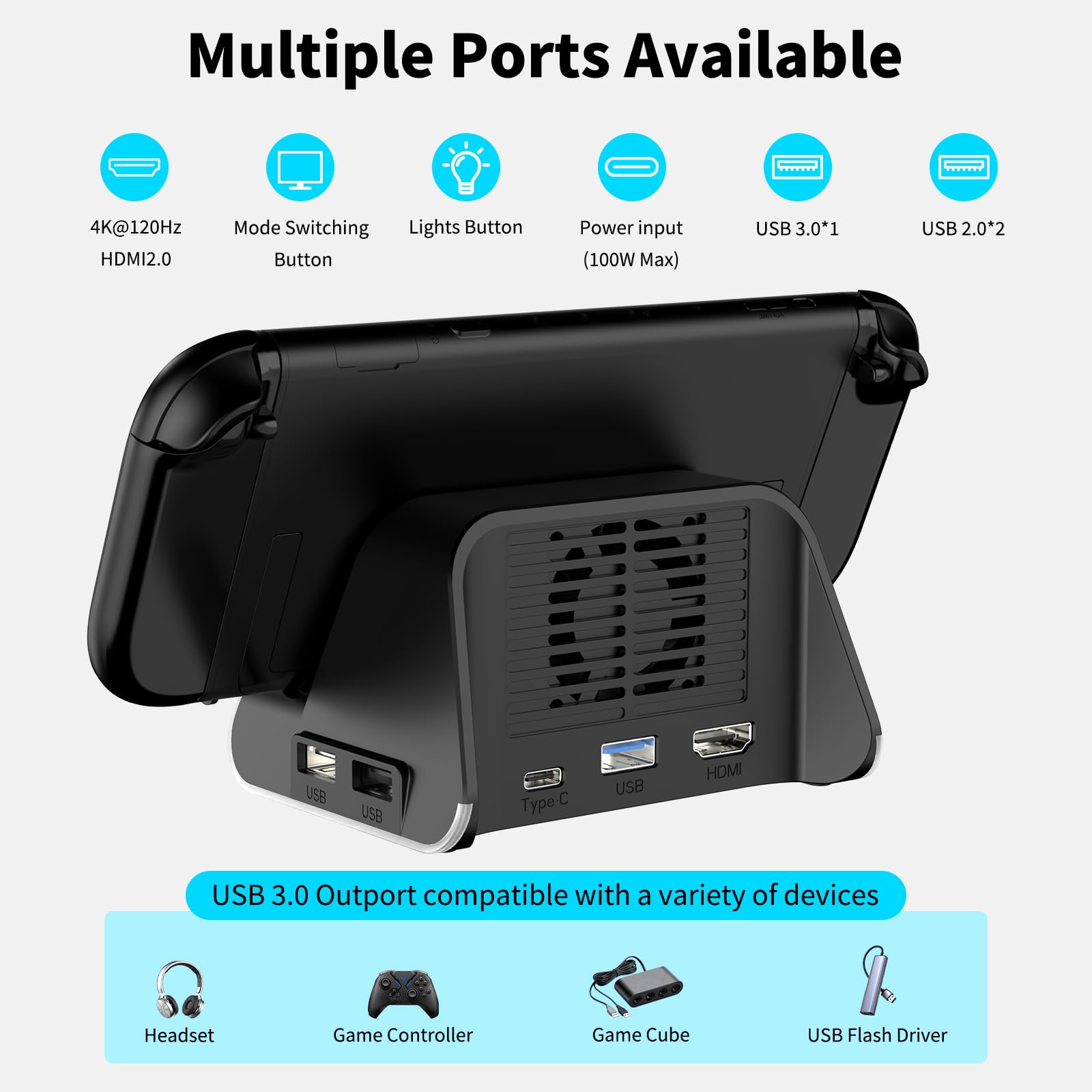 Switch 2 Dock, Docking Station for Switch 1/2, Charging Dock with 4K@120Hz HDMI Output/100W Charging Input/USB 3.0 /Cooling Fan — view 5