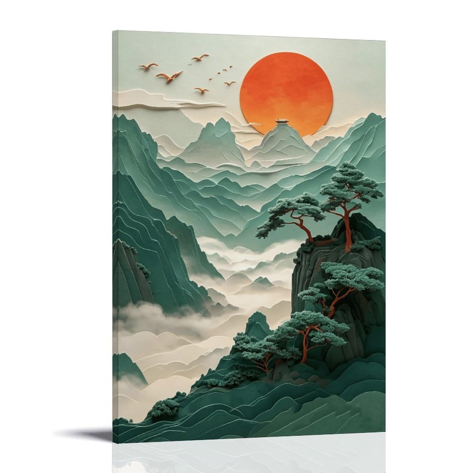 MGHTGRWE Eastern Tiered Misty Peak Sunset Motif 04 Poster Wall Art Canvas Vintage Aesthetic Painting Decor for Rooms 24x36inch Frame-style
