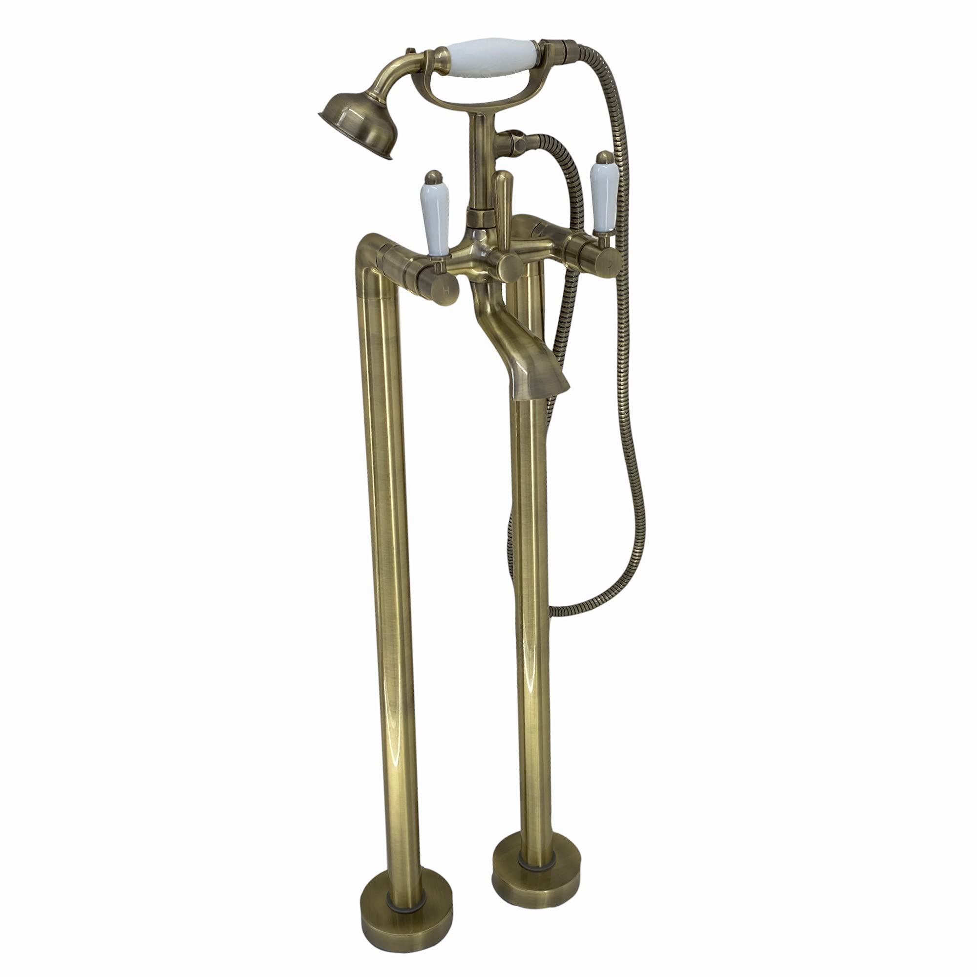 Enki Antique Brass Downton, Bt0809 Floorstanding Bath Shower Mixer Tap With White Ceramic Levers