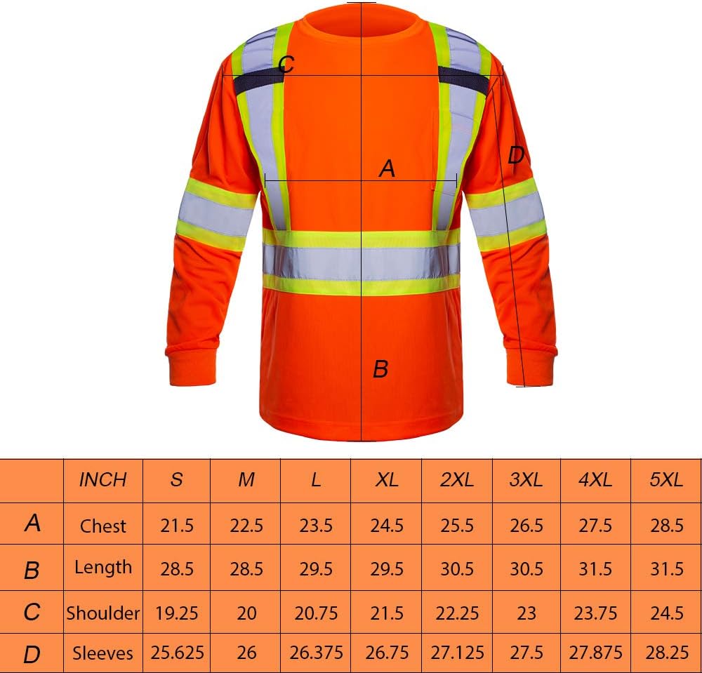 Men's Class 2 Hi Vis Shirt Orange Safety Long Sleeves T-Shirt Size 3XL : Tools & Home Improvement