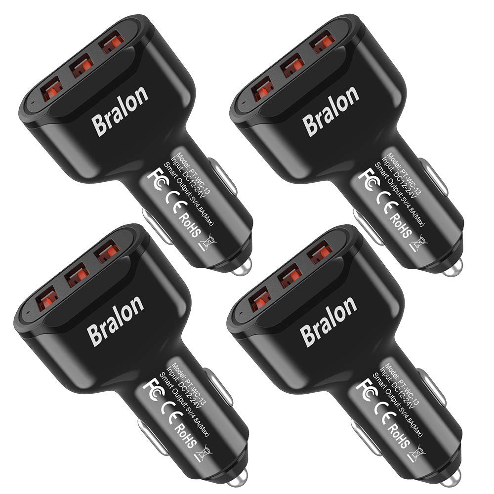 USB Car Charger[4-Pack],Bralon 24W/4.8A 3-Port Fast Car Charger Smart Phone Car Charger Compatible with iPhone 11/11 Pro(Max)/XS(Max)/X/8 7 6 S Plus,Galaxy Note S10 S9 S8 S7 S6,iPad,Mp3&More
