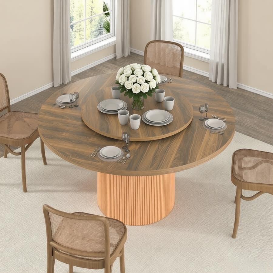 Image of 55 inch Round Dining Table for 4-6 People, Modern Farmhouse Dining Kitchen Table with Fluted Cylindrical Pedestal Base for Dining Room, Living Room, Kitchen, 360 Rotating(Chairs Not Included)