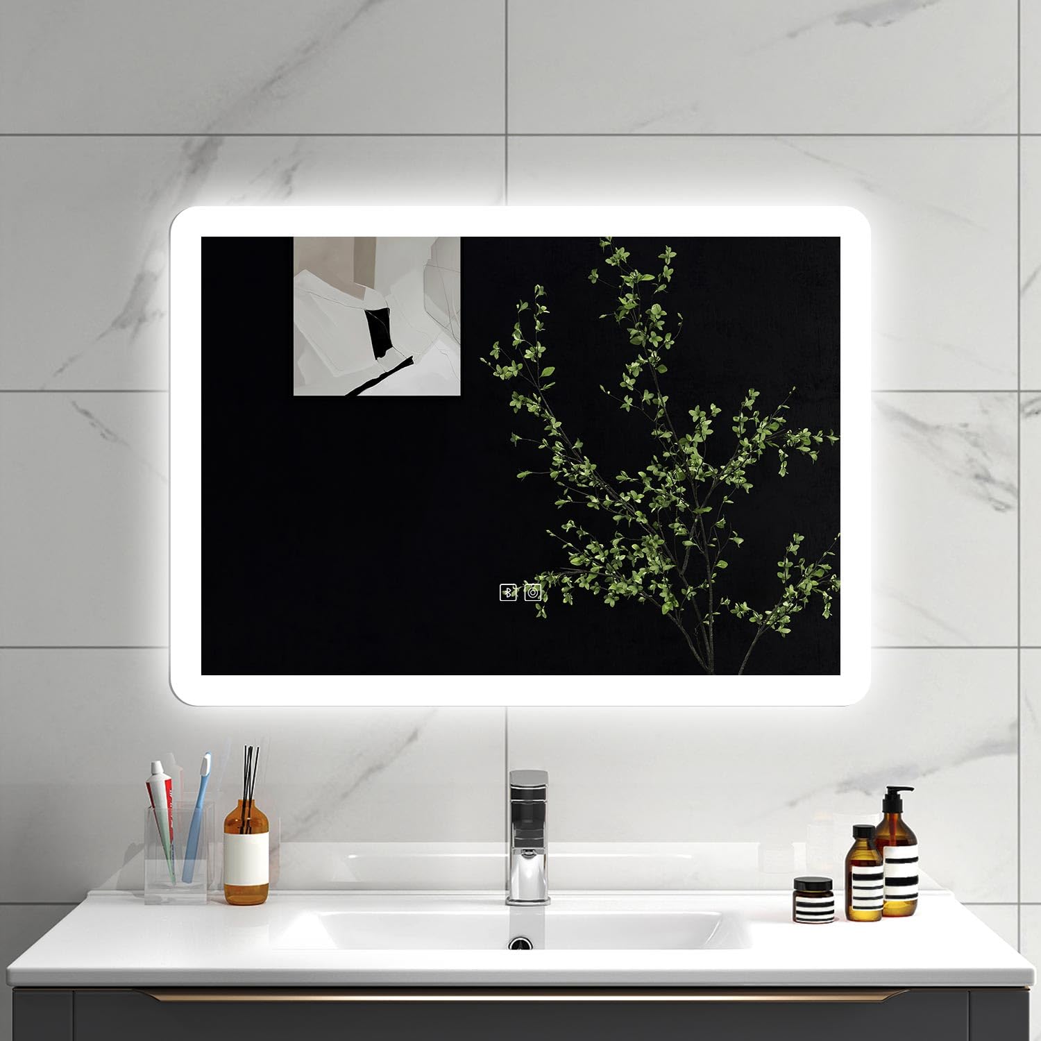 SLINE SANITARY 800x600mm Bluetooth Bathroom LED Mirror with Shaver Socket,Anti-Fog,3 Color Temperatures,Dimmable Light,Memory Function,frosted edge
