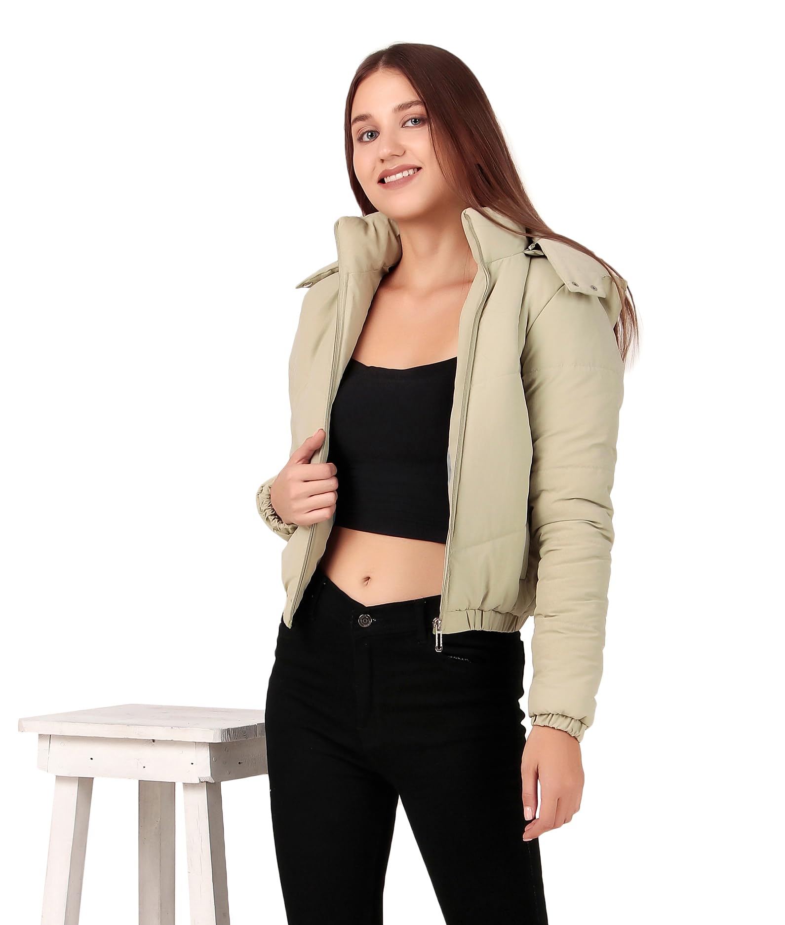 brazo Crop Puffer Jacket for Women, Cropped Design, Insulated, Hooded, Long Sleeves-picture-17