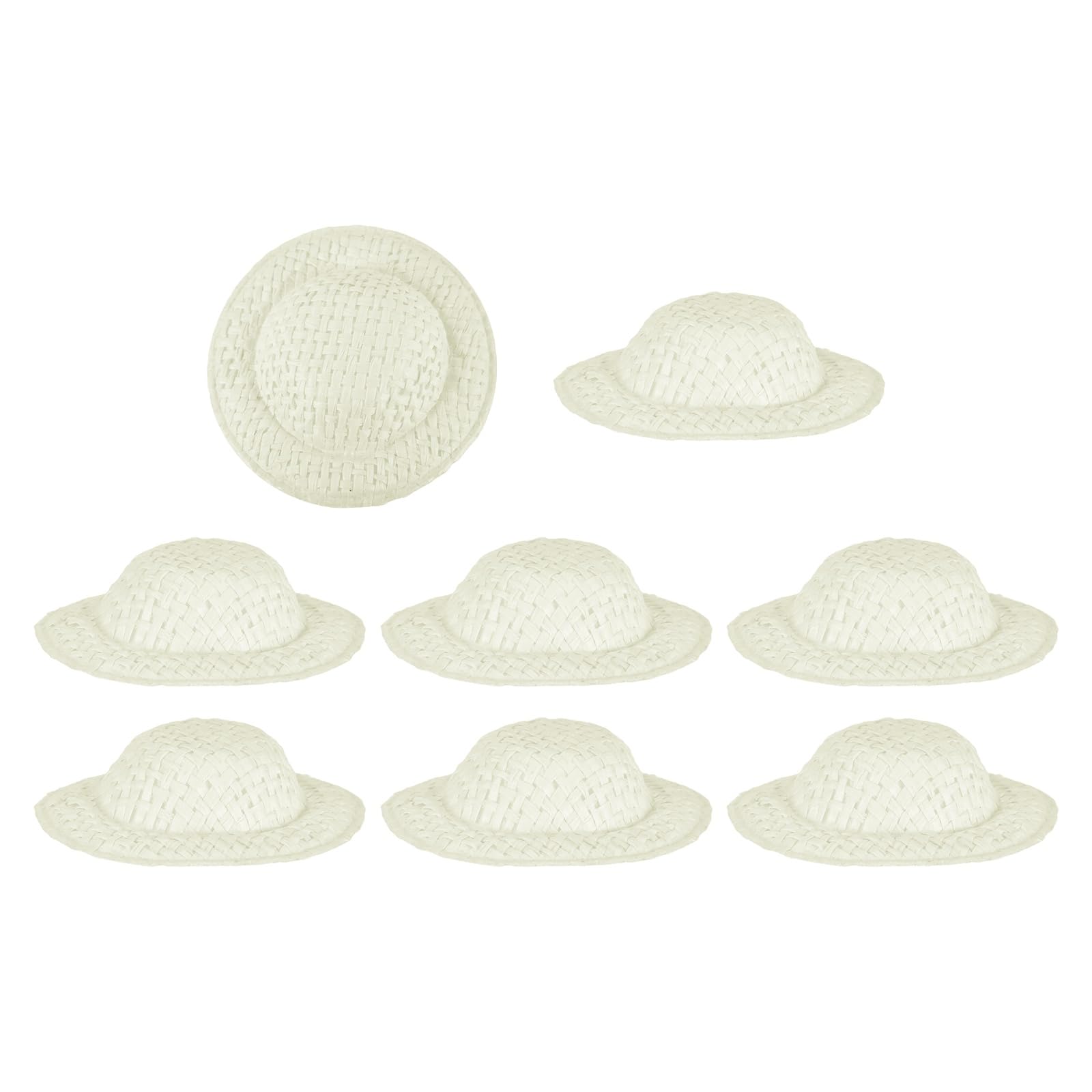 PATIKIL 8 Pcs Mini Straw Hats, 2 x 0.5 Inch Craft Doll Hats Miniature Ornaments Woven Caps for DIY Dollhouse Decoration Hair Accessories Snowman Weddings Party, Beige White