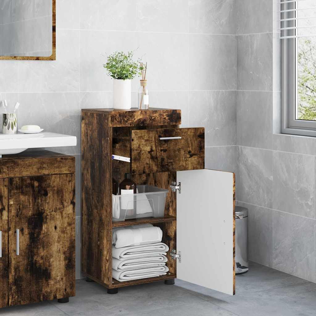 Tulum Armario de baño de roble ahumado, armario de baño con puerta, acabado mate, 37 x 31,5 x 82 cm, compacto vanidad para espacios pequeños, mucho espacio de almacenamiento, fácil montaje