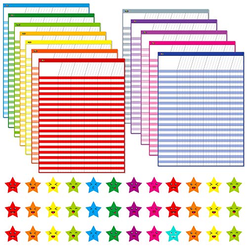 12 Pack Multi-Color Dry Erase Incentive Chart/Chore/Responsibility/School Attendance/Homework Progress Tracking Chart With 2112 Reward Star Stickers, (17" X 22.5") #TOP3
