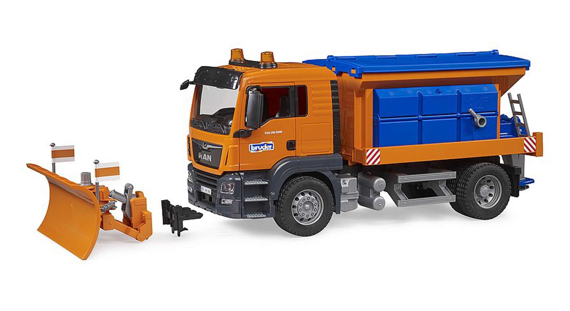 bruder 03785 - Man TGS Winterdienst mit Räumschild - 1:16 Fahrzeuge, Streuwagen, Schneeräumer, Schneepflug, Winterdienst, Spielzeug ab 4 Jahre | Fahrzeug mit funktionsfähigem Streuwerk & Förderschnecke, Schneeräumer, Streuwagen, Spielzeug ab 4 Jahren, 1:1