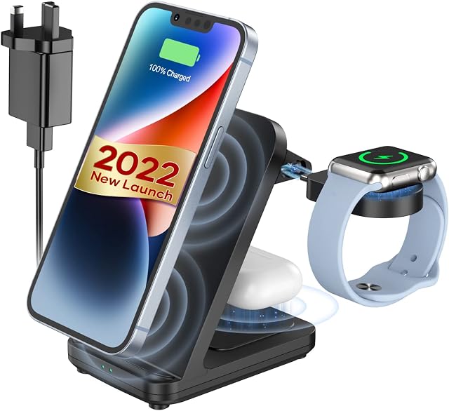 3 in 1 Wireless Charging Station Eisreho Wireless Charger Stand for iWatch SE Series AirPods Pro, 15W Fast Charging Stand Cell Phone Wireless Charging Dock Pad for iPhone 14 13 12 Pro Max/11 /XS/XR