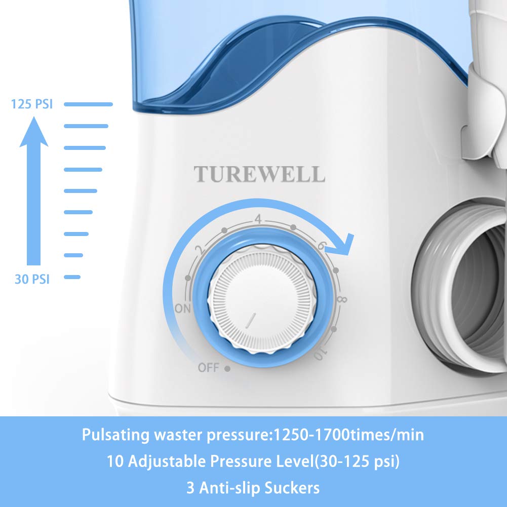 TUREWELL Idropulsore Dentale con 8 Ugelli Multifunzione, 10 valori nominali di pressione dell'acqua regolabili, pulsazioni ad alta frequenza con capacità di 600 ml (Bianco)