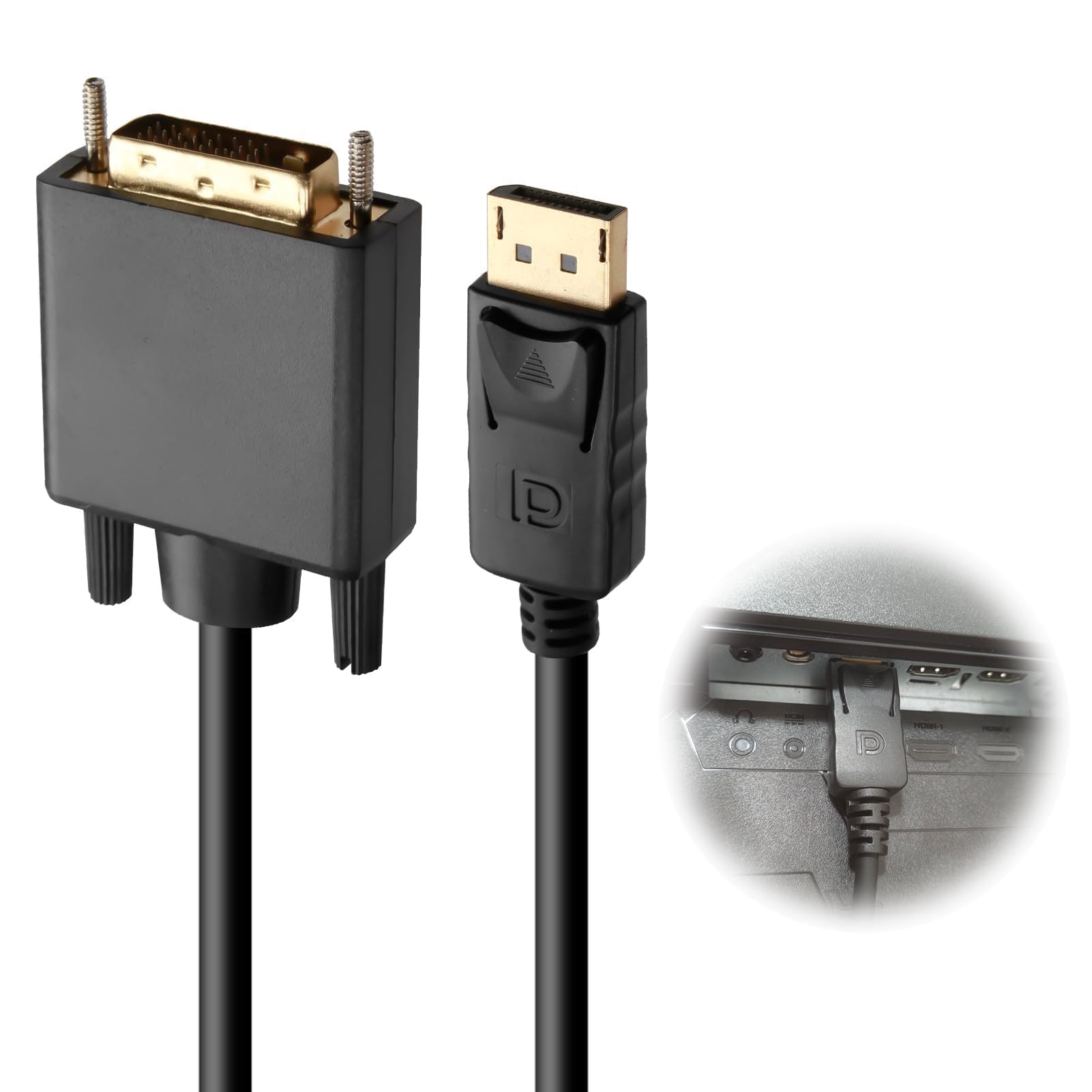 Cable DisplayPort a DVI-D de 1.8 m 1080p Resolución Full HD Conector Displayport a DVI Cables 24K Chapado-oro Compatible con PC Portátil Monitor Proyector Tarjeta Gráfica–Unidireccional