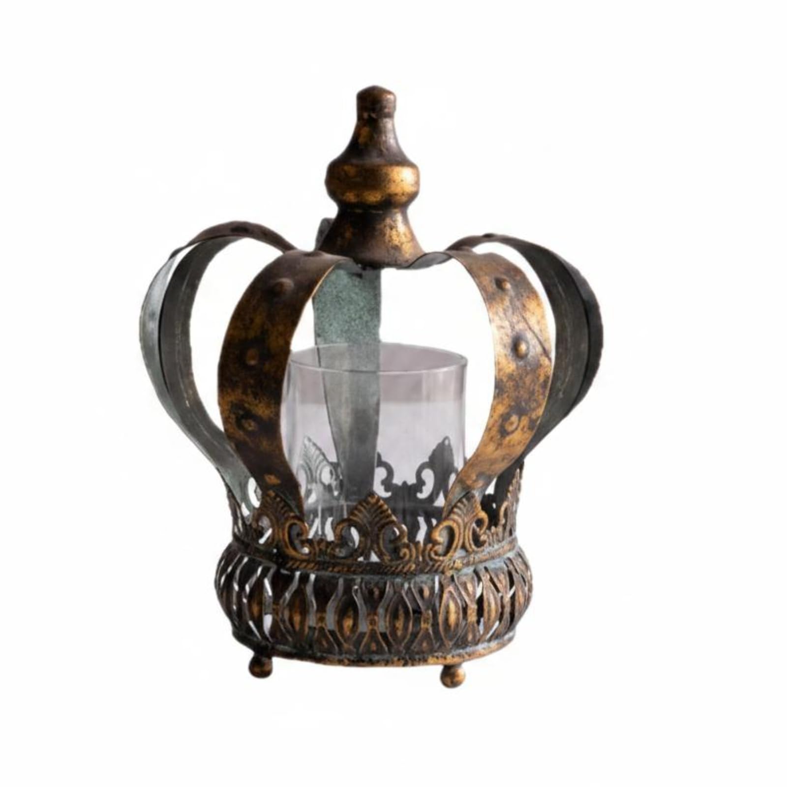 Crown Kerzenhalter Kronenleuchter Teelichthalter Dekoleuchter Eisen Glas Einsatz Klassischer Look Antik Bronze mit Gewölbter Filigraner Struktur für, Klein