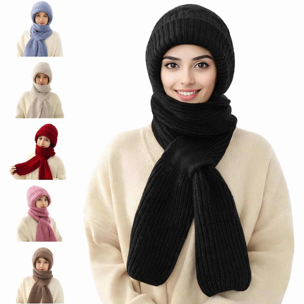 Winter Warm Knitted Hat and Scarf Set, Conjoined Ear Protection Windproof Cap with Neck Warmer, Multicolour ANY COLOR AVAILABLE THIS PACK OF 1(PACK OF 1)-image-11