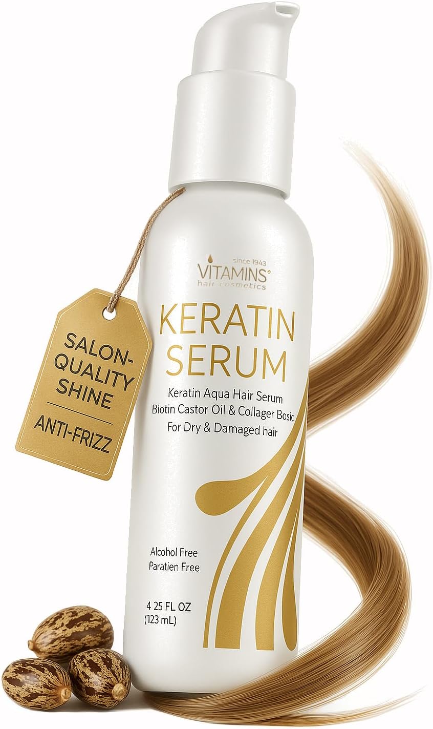 VITAMINS hair cosmetics Keratin Hair Serum Oil for Frizzy, Dry, Damaged Hair - Anti-Frizz Shine Gloss Treatment, Heat Protectant with Biotin, Castor Oil and Collagen - 4.25 fl oz
