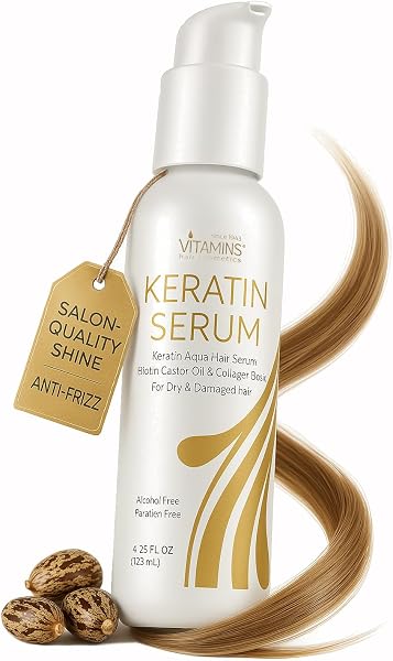 VITAMINS hair cosmetics Keratin Hair Serum with Biotin, Castor Oil & Collagen - Anti-Frizz Heat Protectant & Leave-In Sh