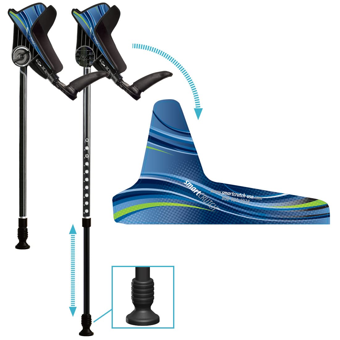 smartCRUTCH Ergonomic Custom Forearm Crutches for Adults, Multiple Colors, Adjustable Forearm Rotates 15-90 Degrees - Heights 4'4" to 6'4" - 265 lbs Non Weight Bearing