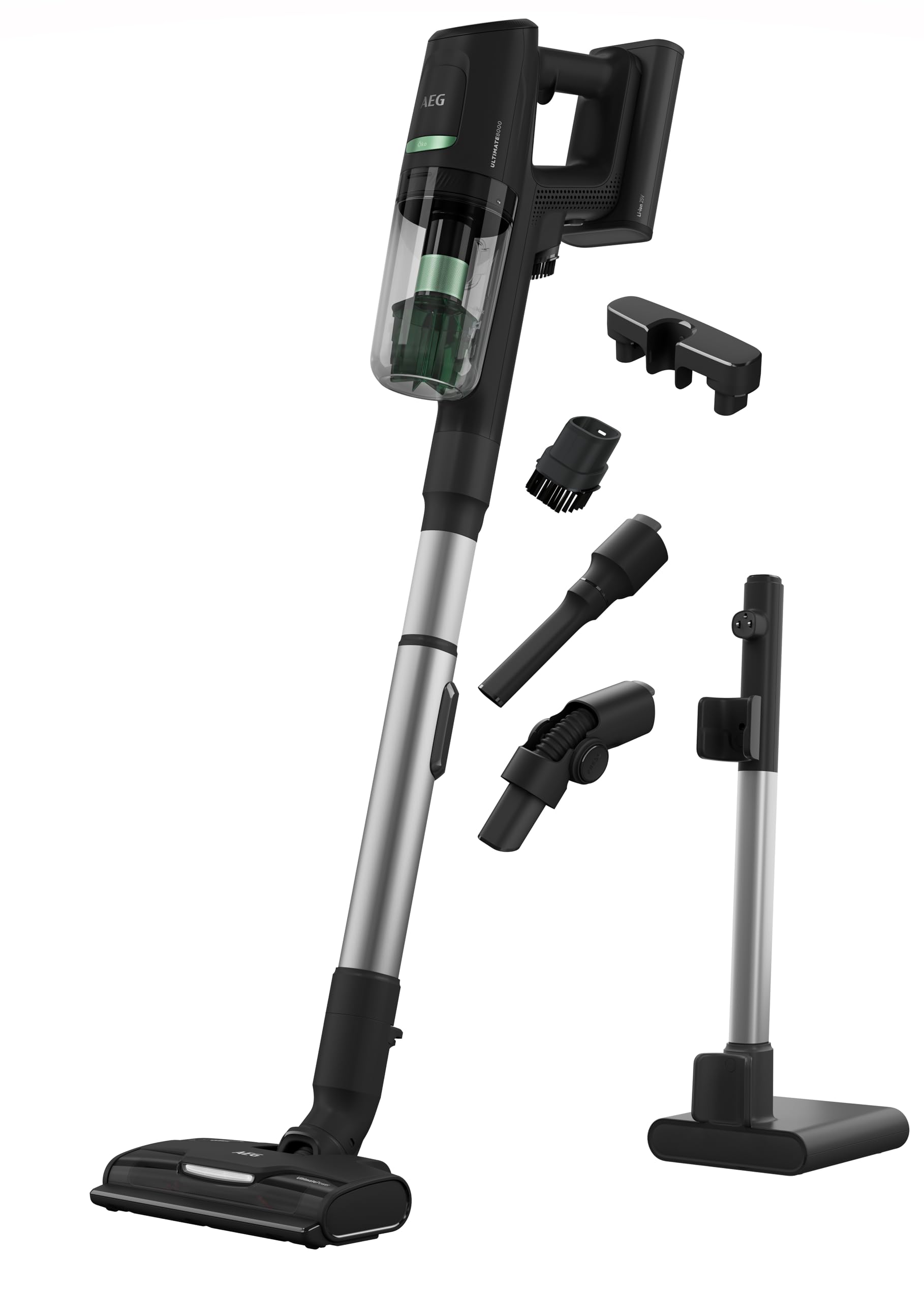 AEG AP81B25ÖKO Aspiradora Sin Cable, 25,2 V, Cepillo UltimatePower Bristle, Autonomía de 35 min, Modo Automático, Aspirador Escoba con Unidad de Mano, 3 Velocidades, Color Negro