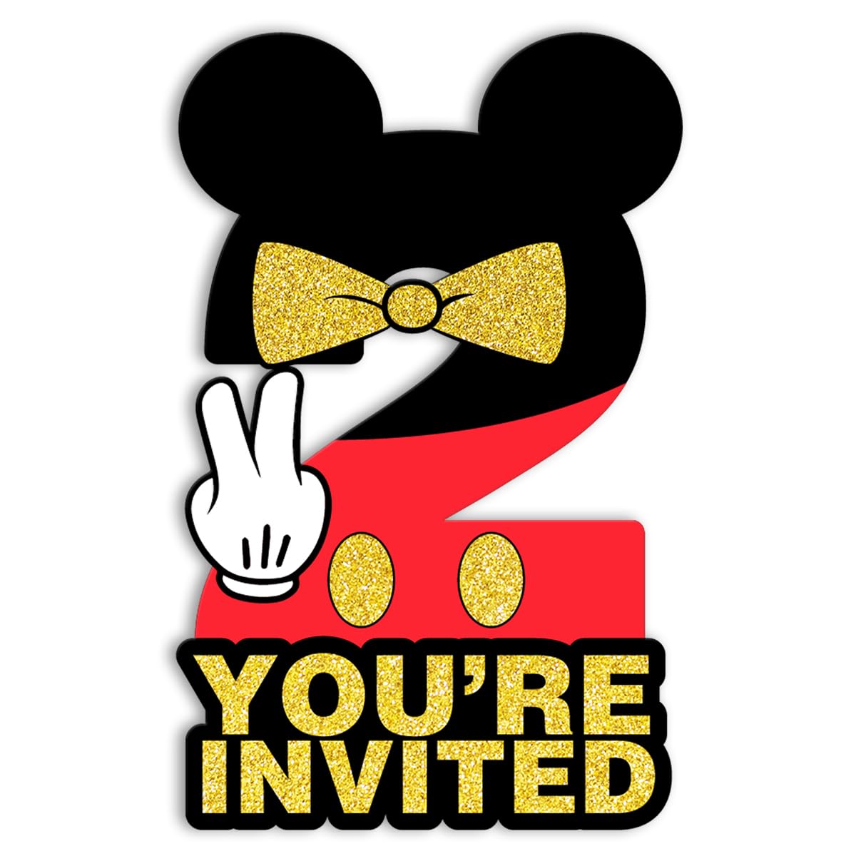 Mouse Boy 2nd Birthday Invitations Black and Red Glitter Mouse 2 Year Old Boys Birthday Shaped Invitations with Envelopes,20 Pack