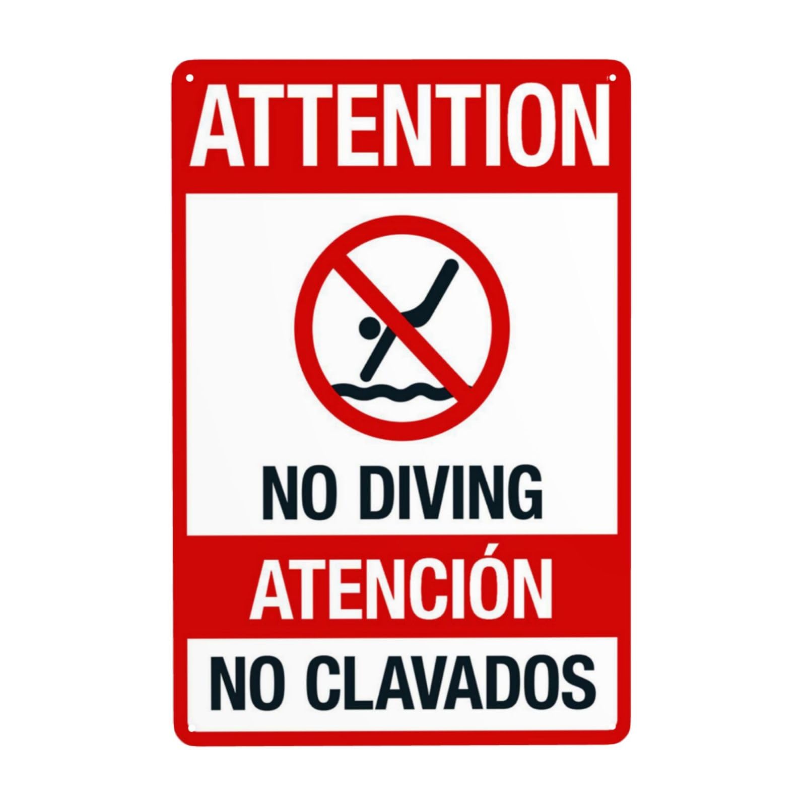 Vintage Metal Tin Sign, Attention No Diving Pool Safety Rule Wall Decor, 8x12 Inch