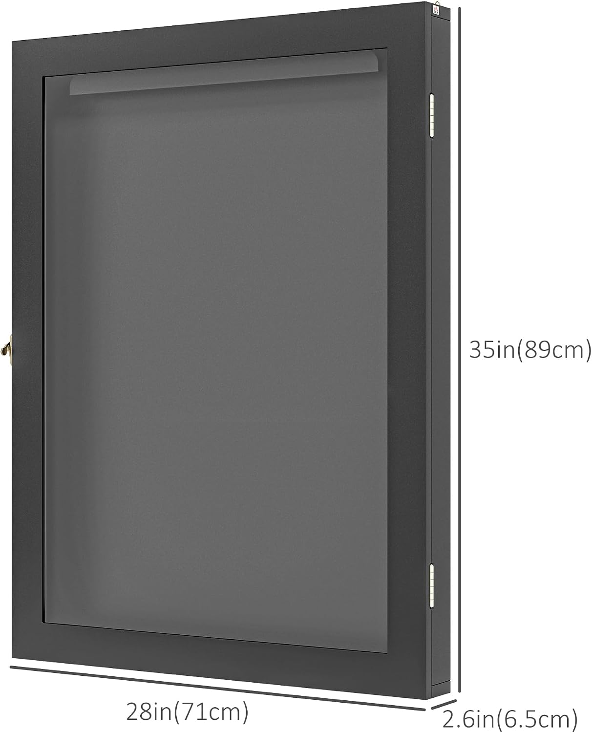 Image showing the external dimensions of the display case: 28 inches wide, 35 inches high, and 2.6 inches deep.