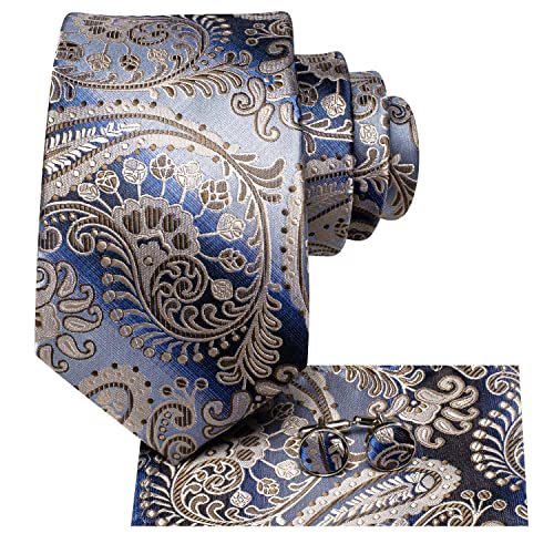 Image of Hi-Tie Silk Ties for Men Plaid Paisley Striped Necktie Pocket Square Cufflinks Set Formal Business