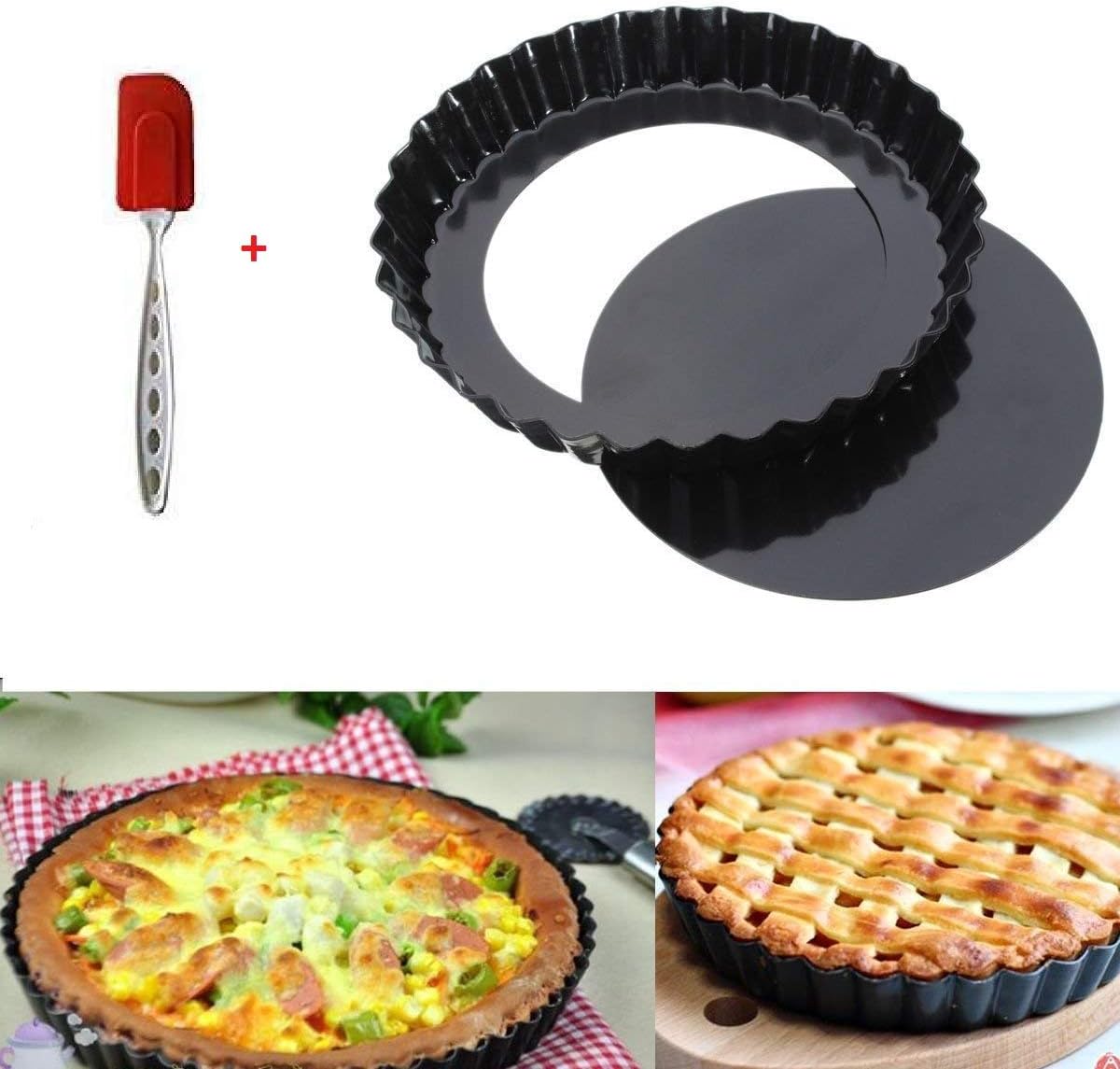 Zollyss Non Stick Pizza Pan Pie Dish Tart Pan with Removable Bottom,Carbon Steel, 22 cm, Black + 1 Pc Spatula