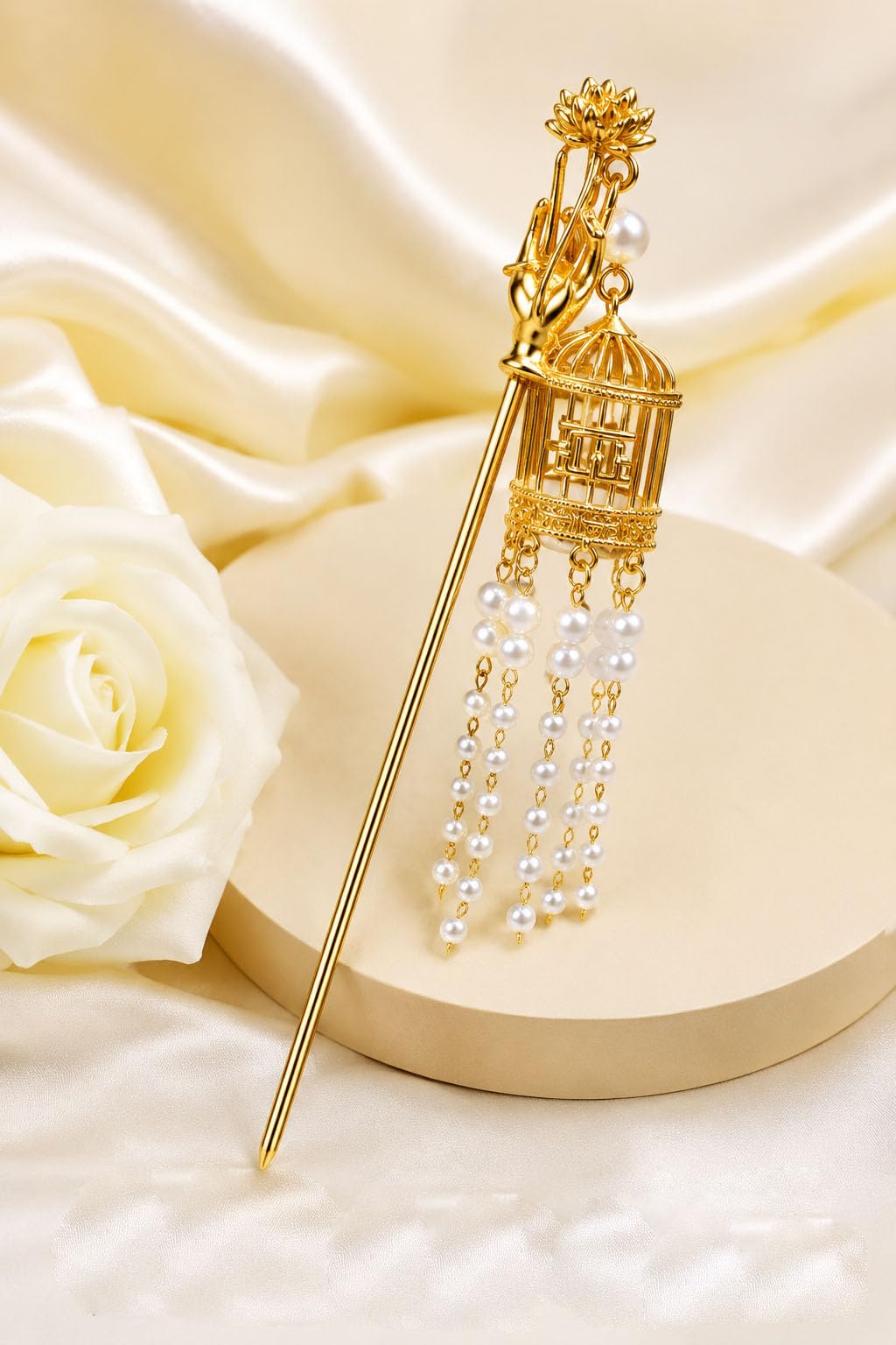 Ashkash 1Pcs Premium Gold Bird Cage Pearl Tassel Metal Juda Stick Hair Pin for Women & Girls | Alloy Hair Bun Stick | Bridal, Wedding, Party & Festive Hair Accessory-image-37