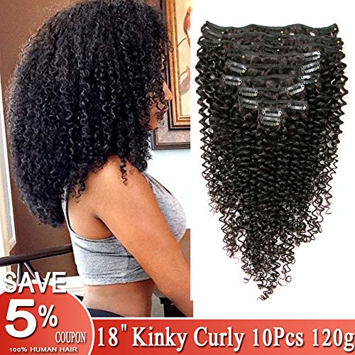 Brazilian Virgin Hair Kinkys Curly Clip in Hair Extensions 3C 4A Kinky Curly Clip ins For Black Women Remy Human Hair Natural Color 10pcs 120g/Set(18 inch)