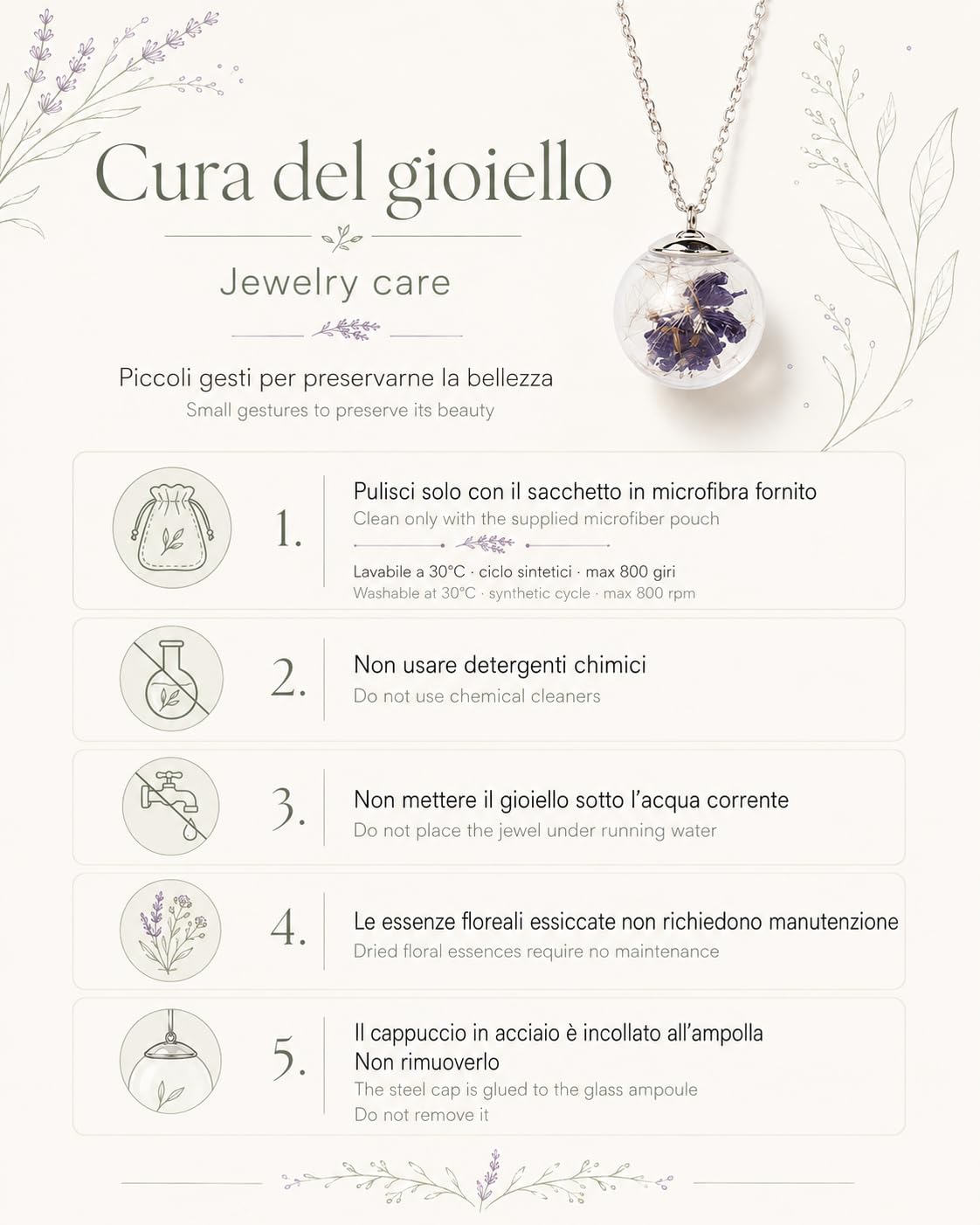 Parure Donna | Collana Maglie Elegance + Bracciale + Orecchini con Fiori Veri Essiccati in Ampolla di Vetro | Acciaio Inox AISI 316 | Made Italy