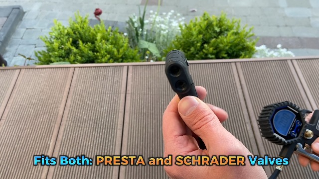 Image of Presta Valve Adaptor with Pressure Gauge and Inflator for Air Compressor | 3-200 PSI, ±1% Accuracy, Longer Hose, Digital, Schrader to Presta Valve Air Chuck