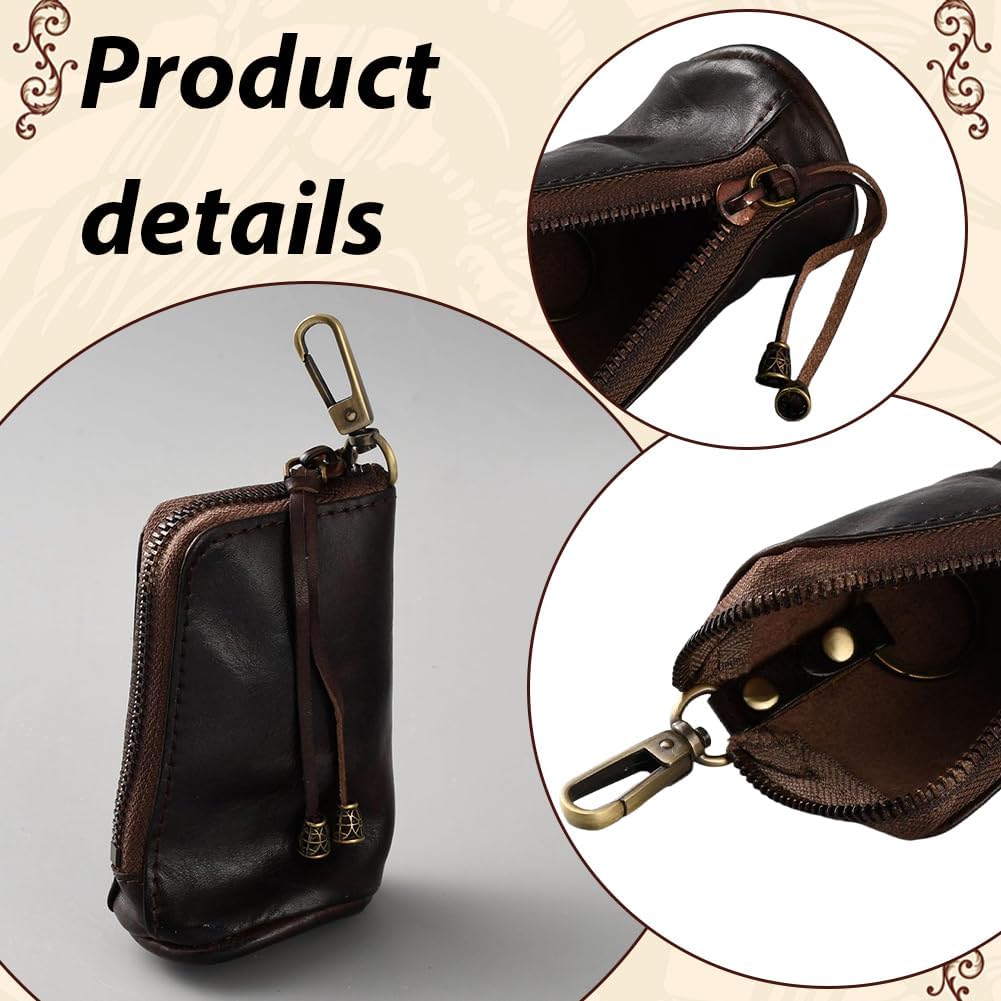 Cowhide Leather Mini Medieval Purse Keychain Middle Age Genuine Leather Zipper Coin Holder Pouch Handmade Travel Change Organizer Wallet Vintage Storage Bag for Halloween Men Women (Coffee) - Image 5