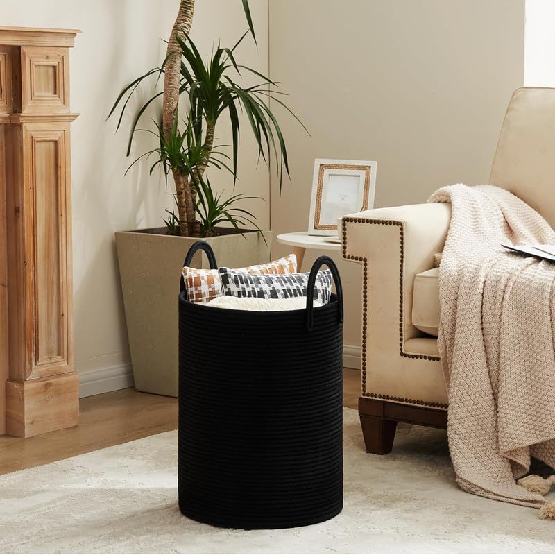 Image of Storage Cotton Rope Basket and Laundry Hamper for Dirty Clothes, Towels, Blankets, Pillows Storage in Living Room, Laundry Room and Bedroom (Black, 15x18 Inch)