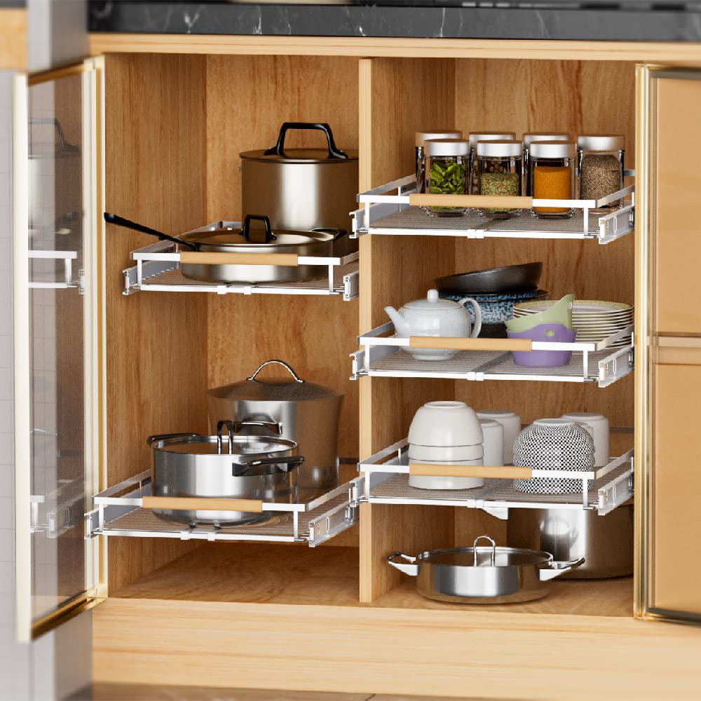 Organizator do szuflad wysuwanych, wytrzymałe wysuwane półki do spiżarni, przesuwne szuflady do łazienki, domu, kuchni, 2-pak, chrom 55 cm głębokości