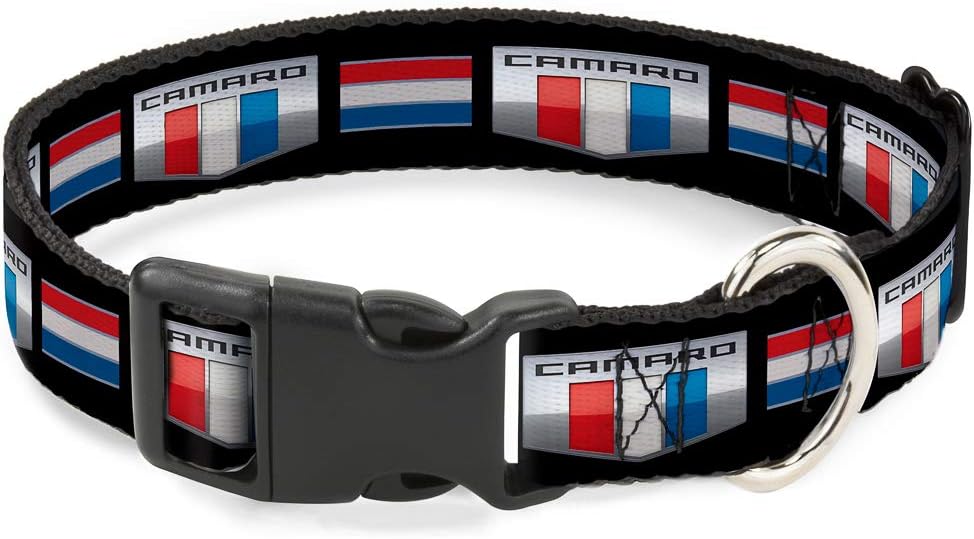 Dog Collar Plastic Clip Camaro Six Badge Stripe Black Silver Red White Blue 13 to 18 Inches 1.5 Inch Wide