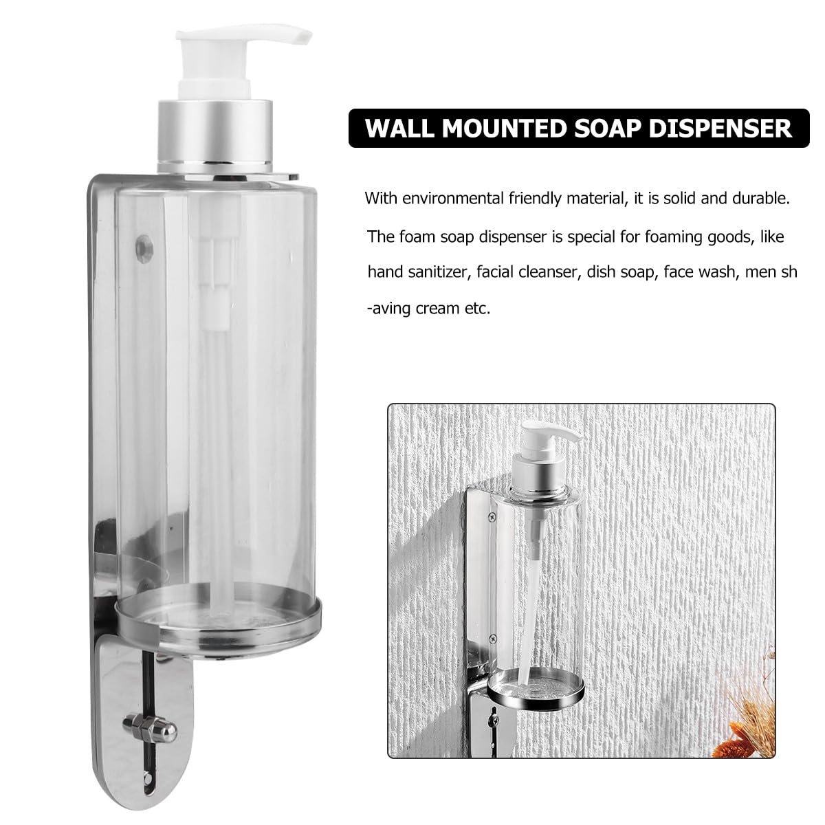 Dispenser di Sapone Liquido a Parete in Metallo Argento 300Ml Pompa Erogatrice Ricaricabile per Bagno e Cucina Supporto per Bottiglia Multiuso per Shampoo e Lozione Accessorio