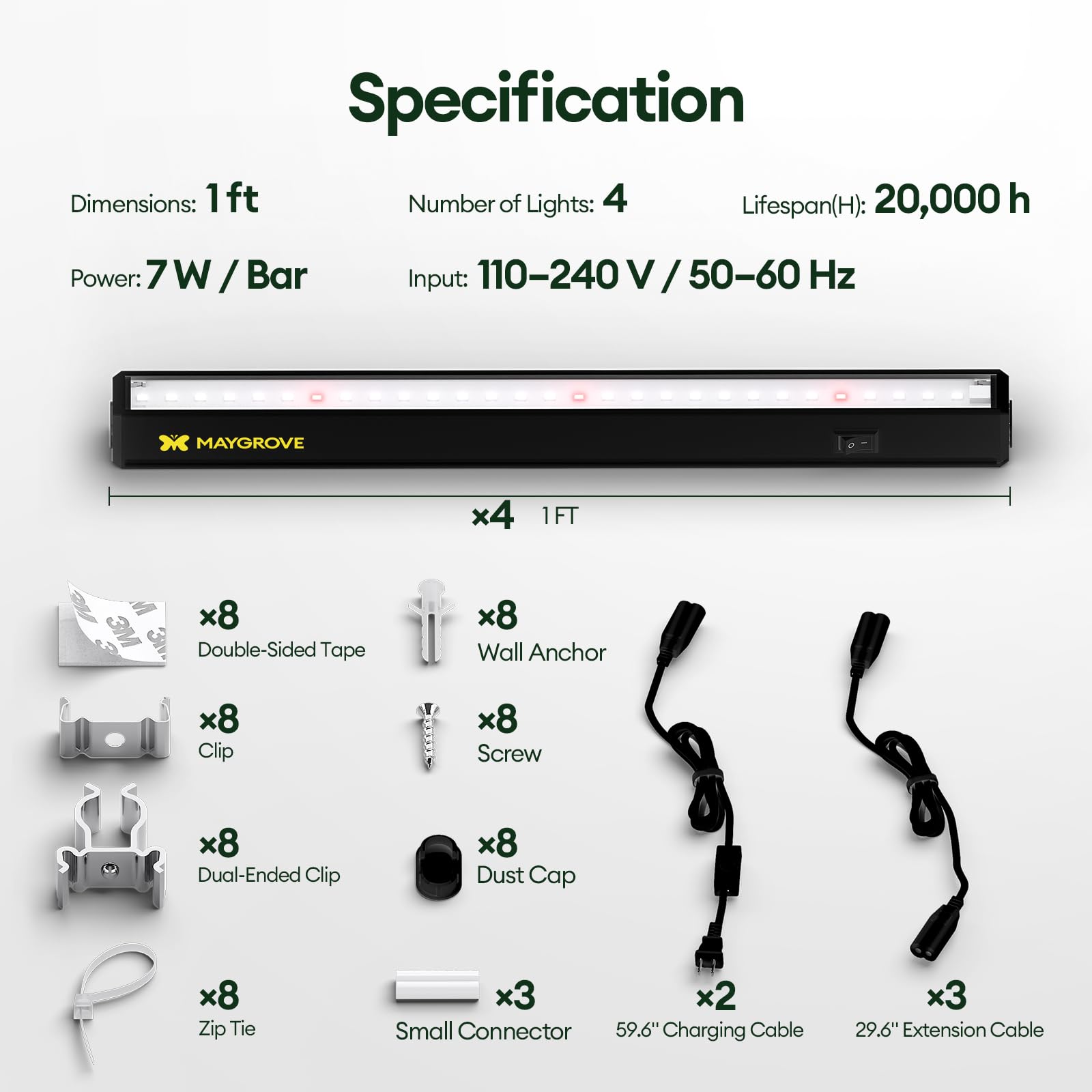 MAYGROVE T5 - Tiras de luz LED de espectro completo para plantas verdes y verduras de hoja alta, paquete de 4, color negro