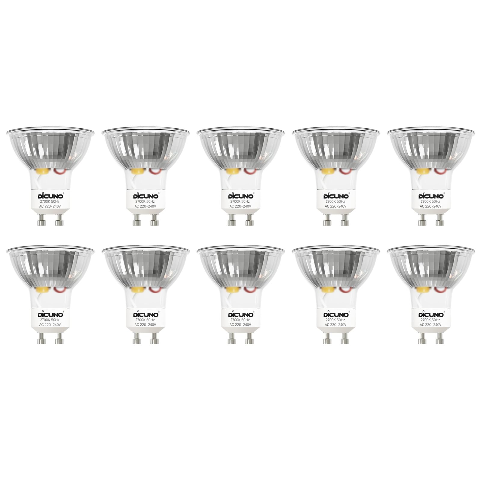 DiCUNO GU10 LED Warmweiß 5W, Ersetzt 50W Halogenstrahler, 2700K, 400lm, Reflektorlampe, 120° Abstrahlwinkel, kein Flackern, nicht dimmbar, MR16 LED Spot 230V AC, 10er Pack