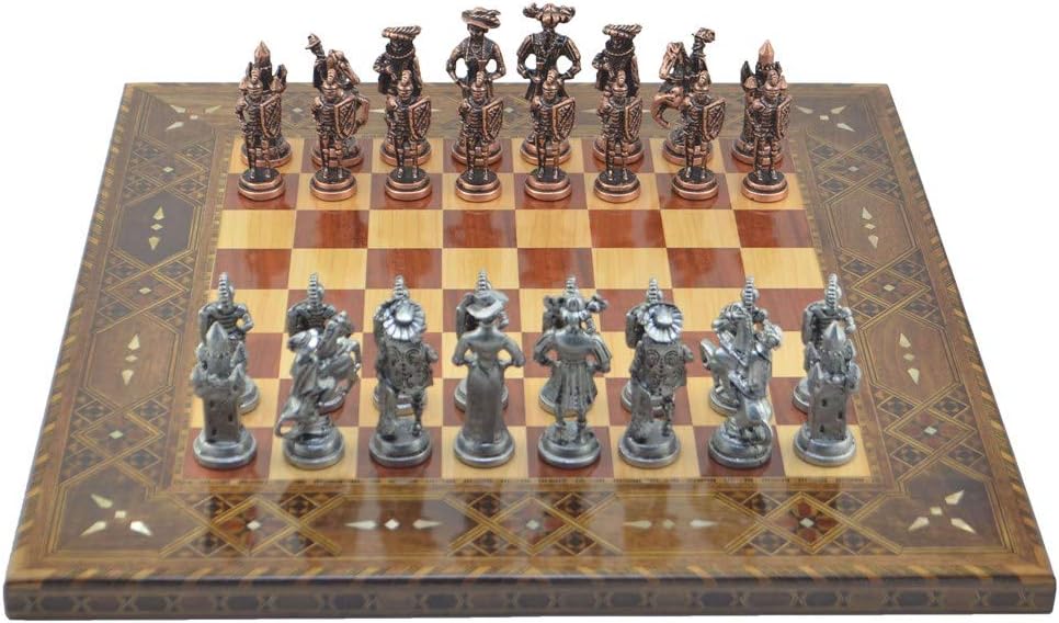 Metal Chess Set for Adults,Antique Copper Spanish Soldiers Handmade Pieces and Natural Solid Wooden Chess Board with Rose or Walnut Sytle (Rose)