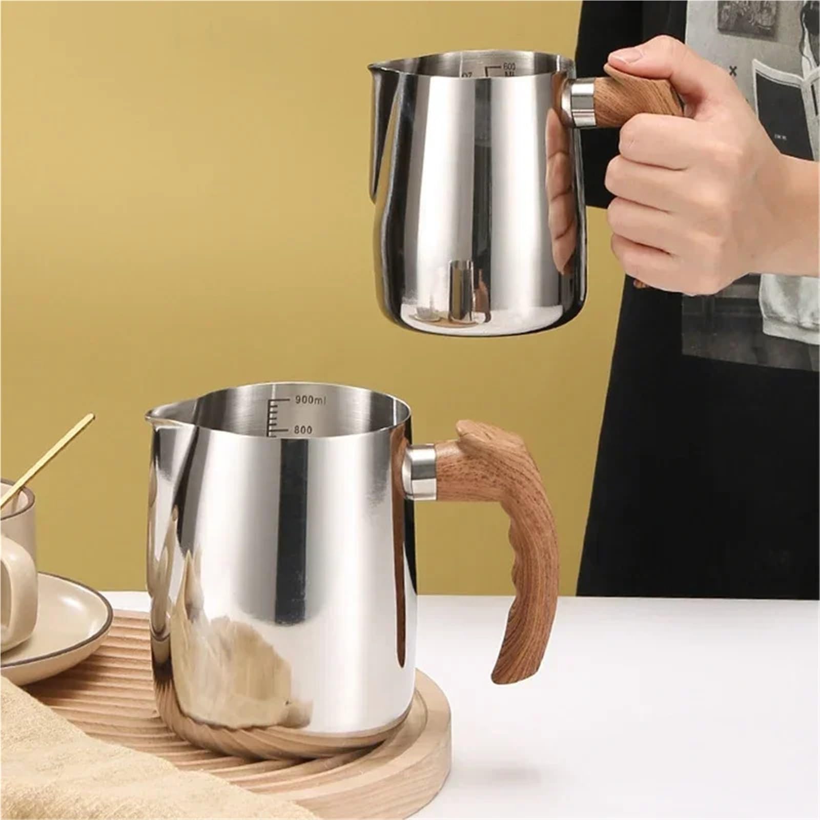 Jarra de espuma café con leche acero inoxidable mango madera a escala, boquilla águila, accesorios for, cocina y cafetería, 2 uds Para Espumar(Beige)