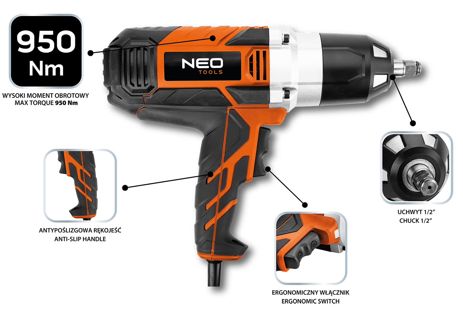 NEO TOOLS Avvitatore elettrico a percussione 1020 W, 950 Nm max coppia 950 Nm, potenza 1020 W, fodera 1/2", velocità di rotazione 2600 giri/min, con 4 chiavi a bussola 17, 19, 21, 22 mm