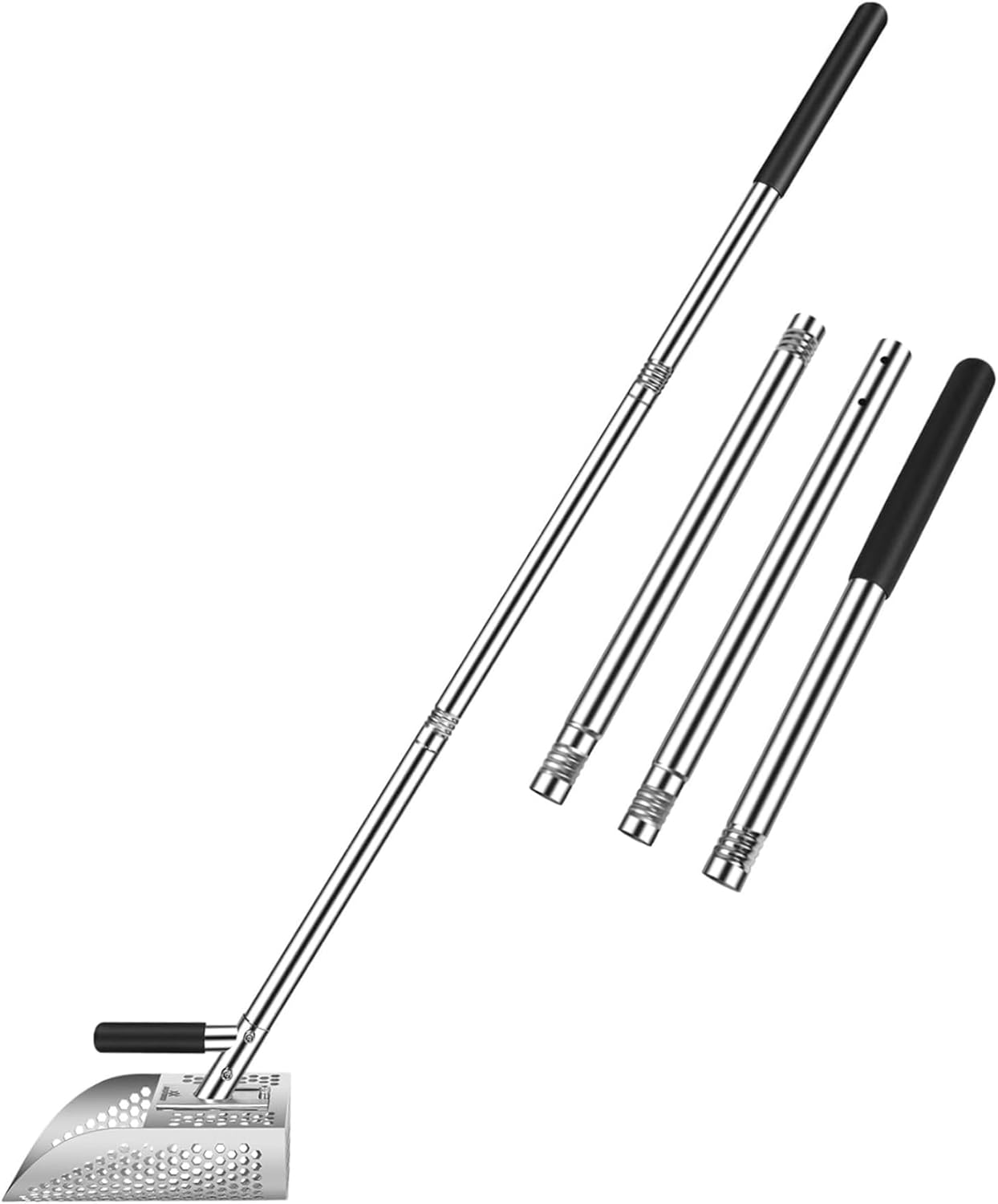 47.2" Long Handle Sand Scoop, Stainless Steel Metal Detector Shovel, 3-Section Detachable Sand Flea Rake for Beach Treasure Hunting