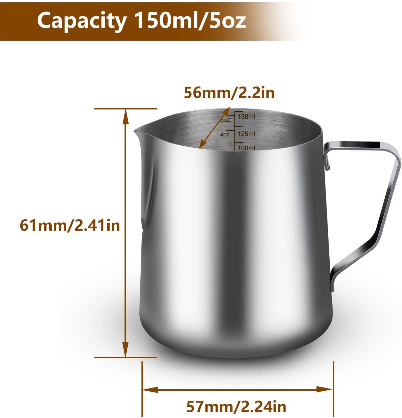 5oz Mini Milk Frothing Pitcher-Stainless Steel Steaming Jug for Espresso, Cappuccino & Coffee-Heat-Resistant, Dripless Spout, Measurement Scale, Dishwasher Safe (150ml/5oz)