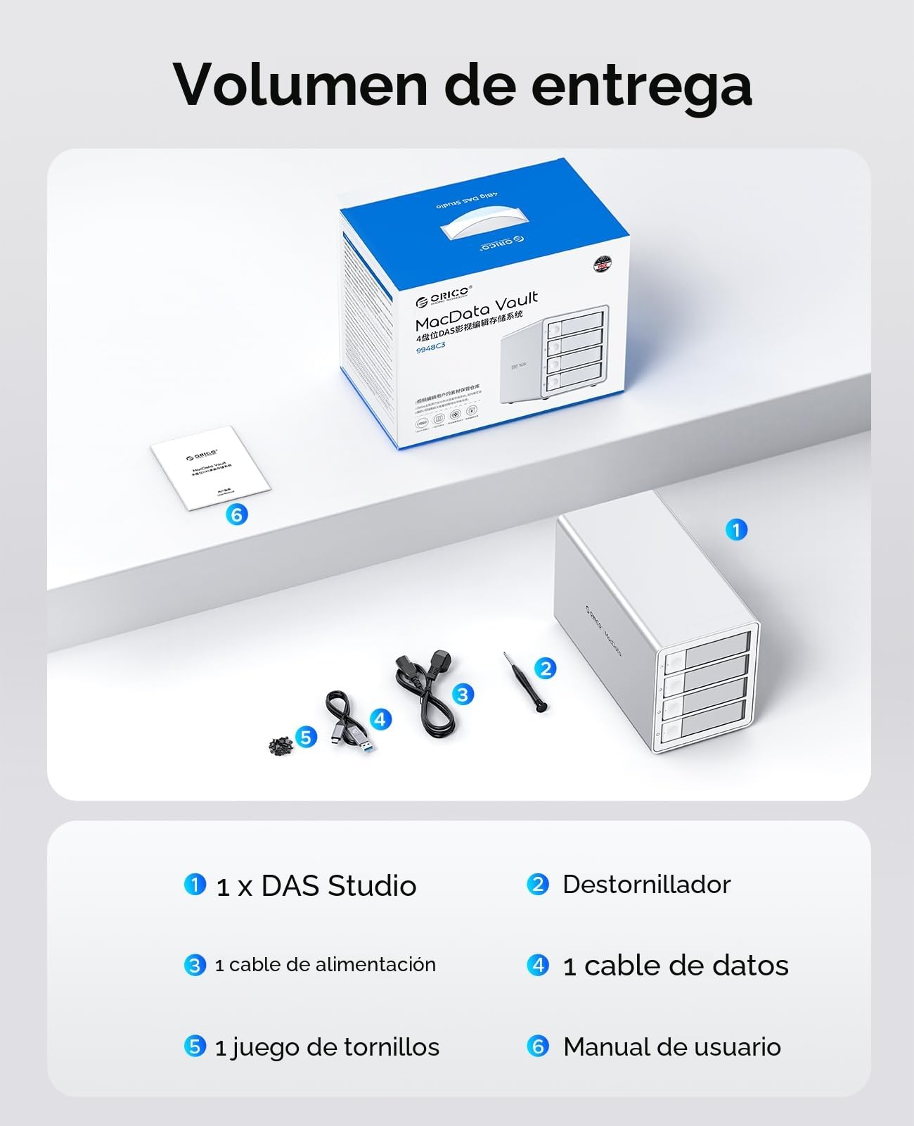 ORICO Daisy Chain - Caja de disco duro de 4 bahías USB 3.2 Gen 2 de aluminio, compatible con 22 TB y expansión máxima de hasta 264 TB para disco duro de 3.5 pulgadas, 9948C3